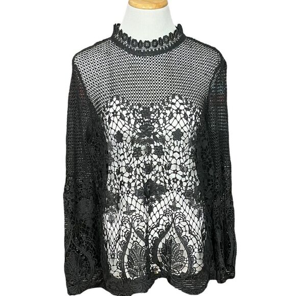 Bold Elements Black Crochet Lace Sheer Long Bell Sleeve Top XL - Picture 1 of 6